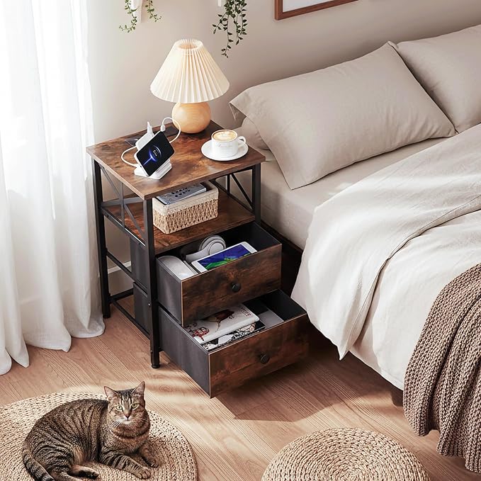 AMHANCIBLE Night Stand Set 2, Nightstand with Charging Station, End Tables Living Room with USB Ports and Outlets, Bedside Tables with Fabric Drawers for Bedroom, Rustic Brown HET05XBR
