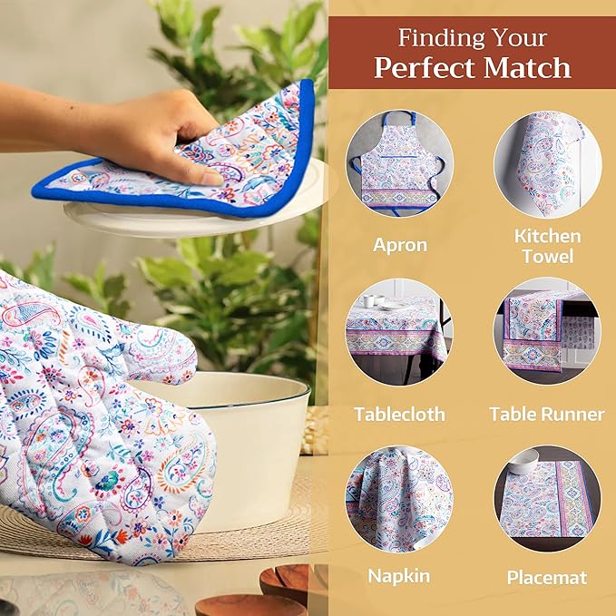 Maison d' Hermine Pot Holders 100% Cotton Heat Resistant Potholders 8" x 8" Hot Pads with Loop BBQ, Cooking, Baking, Grilling, Kitchen, Handling Hot Pans Spring/Summer (Pack of 1, Indian Floral)