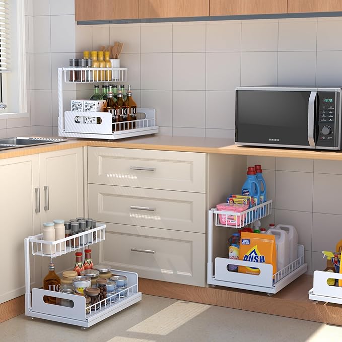 Under Sink Organizer, 2 Tier Pull Out Cabinet Organizer,Slide out Metal Cabinet Organizers Multi-Purpose Drawer Shelf for Kitchen Bathroom Pantry Cabinet Closet Organization Rack,White 1 Pack