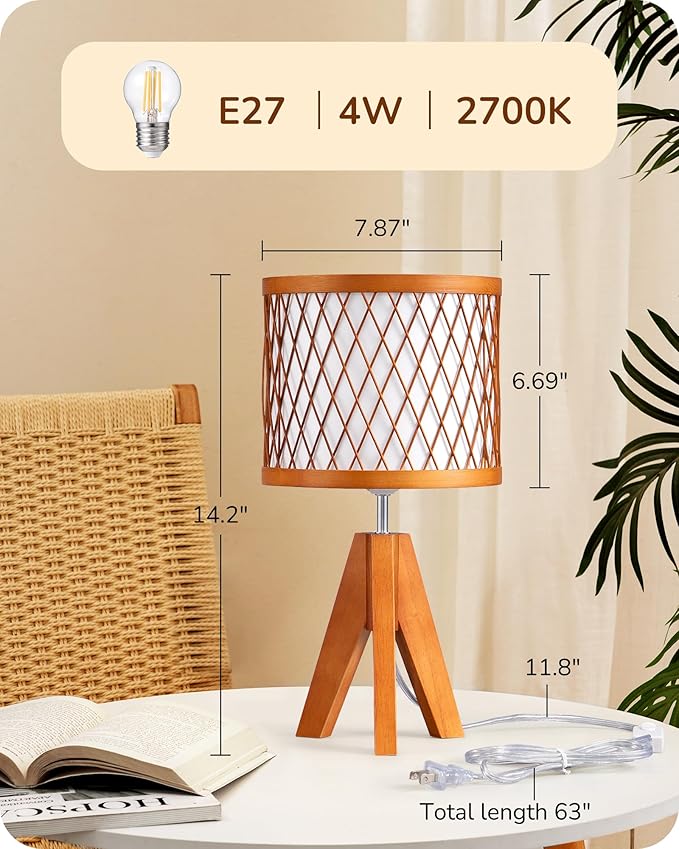 EDISHINE Small Table Lamp, 14.17" Wood Tripod Bedside Lamp with Bamboo Lampshade & PVC Shade, ON-Off Switch & E26 Base, Boho Nightstand Lamp for Living Room, Bedroom