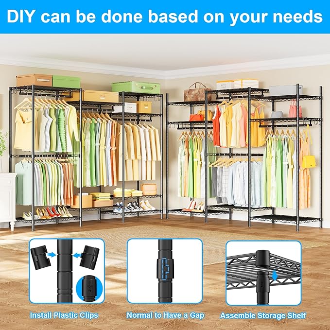 Ulif E13 Heavy Duty Clothes Rack（With 4 Hanger Rods & 8 Shelves） Freestanding Clothing Racks for Hanging Clothes，Adjustable Closet Organizer，Metal Garment Rack 63" W x16 D x77 H，Max Load 900LBS，Black