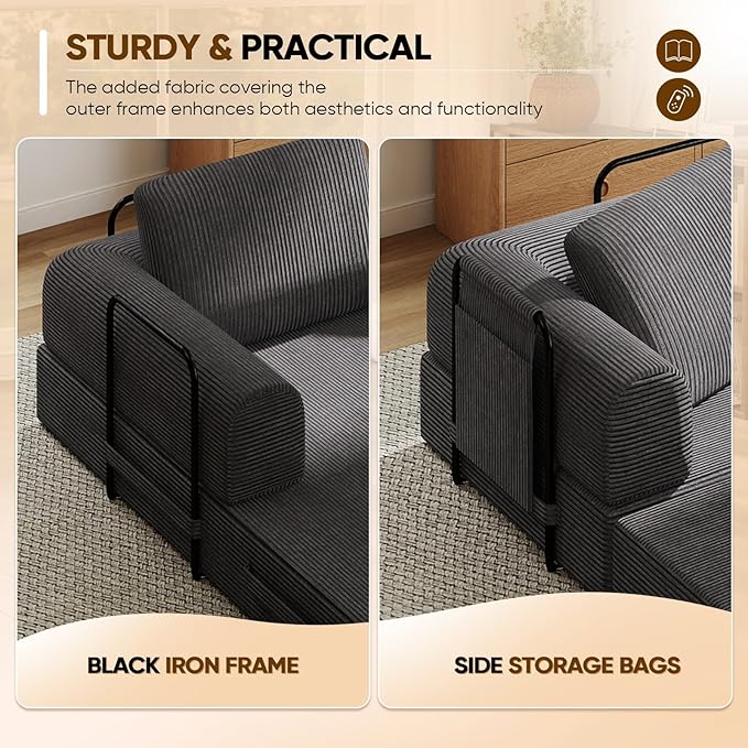 Antetek Convertible Sofa Bed, Comfy Corduroy Fluffy Love seat Sleeper Sofa, 5 in 1 Folding Couch Bed, Fold Out Floor Couch with Pillows for Bedroom, Living Room, Office, Pinstripe, Grey