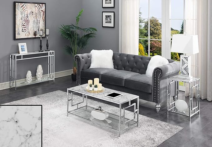 Town Square Chrome Console Table with Shelf, White Faux Marble/Chrome