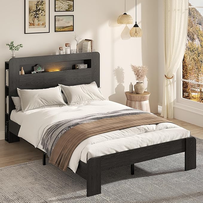 Wooden Bed Frame Full Size with Storage Headboard - Farmhouse Platform Bed Frame with Bookcase Shelf & Led Lights, Sturdy Wood Slat Framework Bed Frame (Black LED)