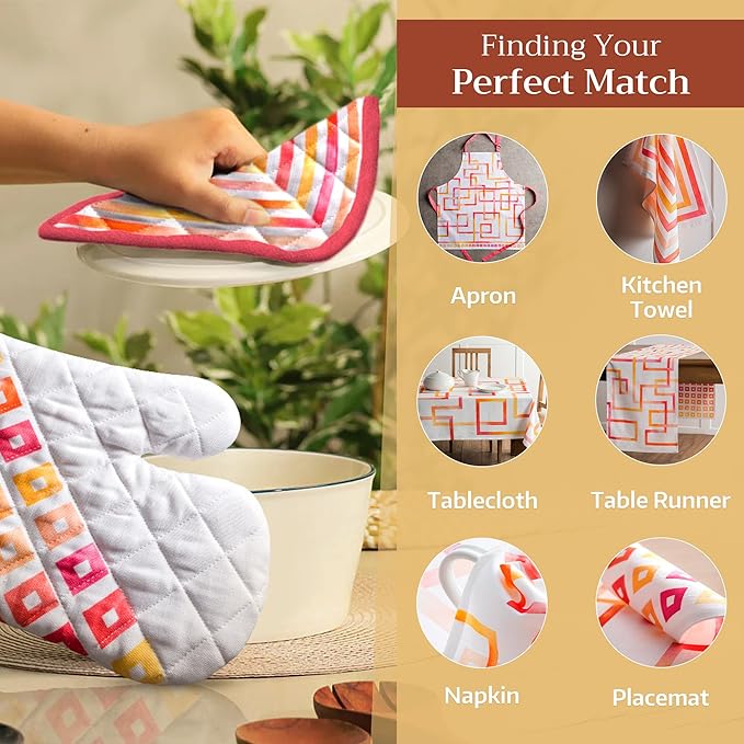 Maison d' Hermine Oven Gloves 100% Cotton Oven Mitt 7" x 13" with Loop Heat Resistant, BBQ, Cooking Gloves, Baking, Grilling, Kitchen, Handling Hot Pans Spring/Summer (Pack of 1, Summer Maze)