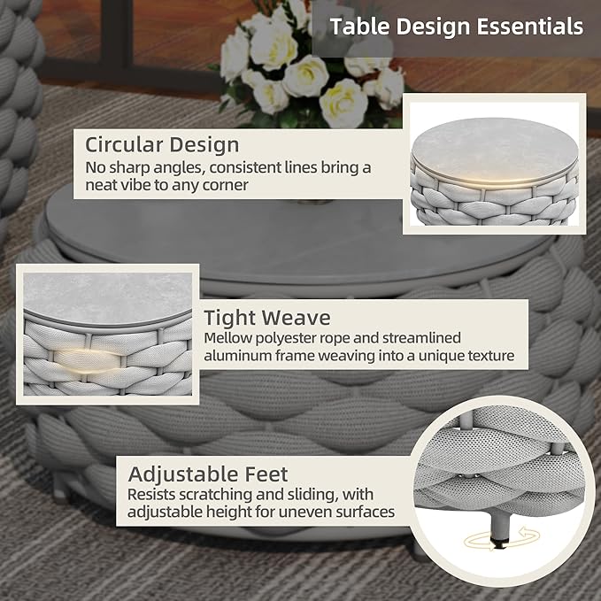 Round Coffee Table for Indoor & Outdoor Use, Aluminum Patio Furniture with Handwoven Ropes, Weather-Resistant for Garden, Terrace & Poolside (Gray)