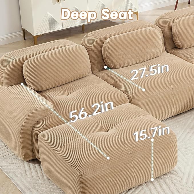 116" Modern Corduroy Cloud Sofa with Ottoman, L Shaped Boneless Modular Large Sectional Couches for Living Room, Camel 3 Seater Compressed Memory Foam Couch, Extra Deep Seat, No Assembly