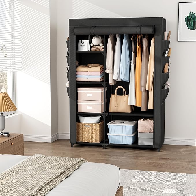 Portable Closets for Hanging Clothes, Wardrobe Closet with Hanging Rod and Clothing Storage Shelves, 8 Side Pockets, Free Standing Clothes Rack with Cover, for Bedroom and Dorm, Black