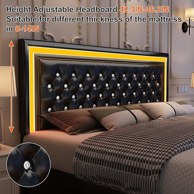 Full Led Bed Frame with 4 Storage Drawers, Bed Frame with Led Lights No Box Spring Needed, 900 lbs Capacity, Easy Assembly, PU Black