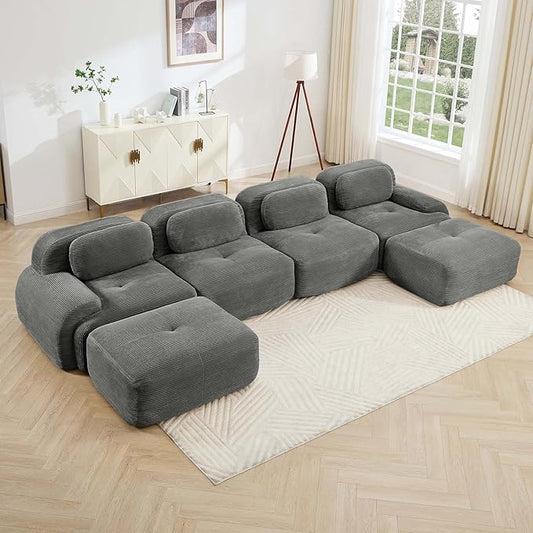 152" Modern Corduroy Cloud Sofa with Ottoman, U Shaped Boneless Modular Large Sectional Couches for Living Room, Gray 4 Seater Compressed Memory Foam Couch, Extra Deep Seat, No Assembly