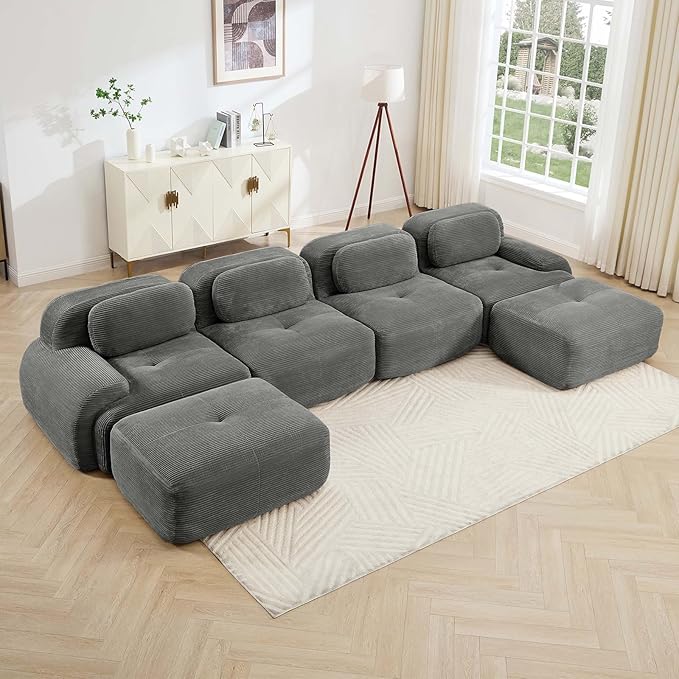 152" Modern Compressed Boneless Couch with Ottoman, 4 Seater Large U Shaped Sectional Couches for Living Room, Gray Corduroy Cloud Modular Sectional Sofa, Memory Foam, Extra Deep, No Assembly
