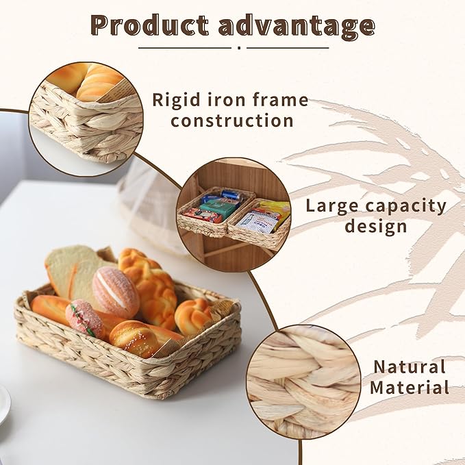 Water Hyacinth Woven Serving Tray Rectangular Hand-Woven Wicker Storage Trays for Coffee/Breakfast/Dessert/Fruit/Bread (Original Color - Large)