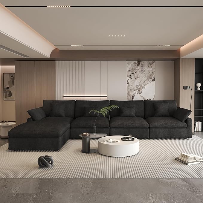 156" Cloud Couch Modular Sectional Sofa with Ottoman,L Shaped Couch,Down Filled Convertible Sofa,Cover Washable and Replaceable Couches for Living Room,Black