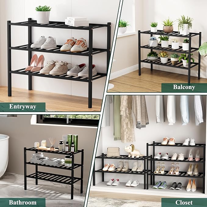 Smiry Shoe Rack, 6 Tier Small Bamboo Shoe Organizer, Stackable Free Standing Wooden Shoe Storage Shelf for Closet, Entryway, Front Door Entrance, Black
