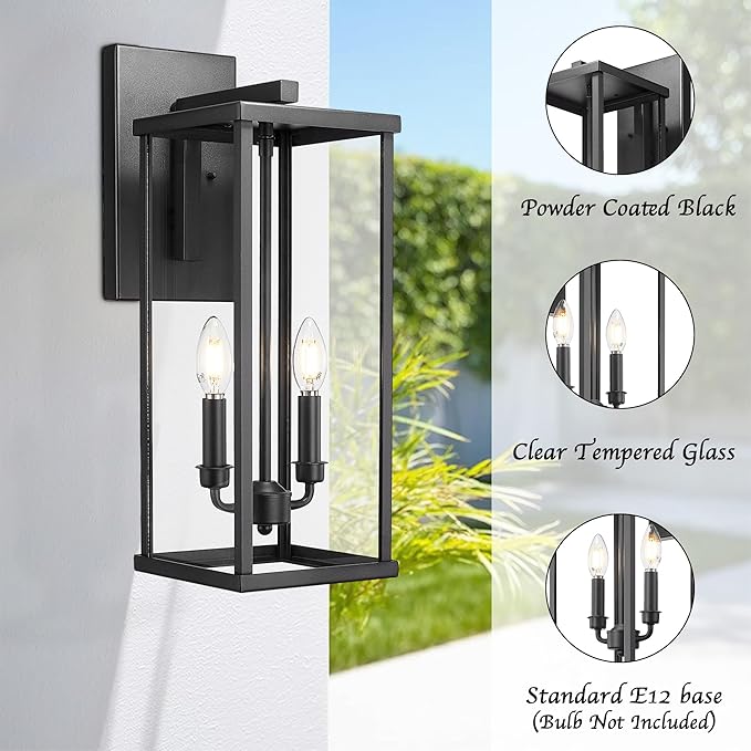 Bestshared Outdoor Wall Sconce Lights, 20 Inch Tall Exterior Wall Lighting Fixtures with Clear Glass, Anti-Rust Modern Black Outside Lantern Lamp for House Front Porch Patio(Black,20 in Height-2PACK)
