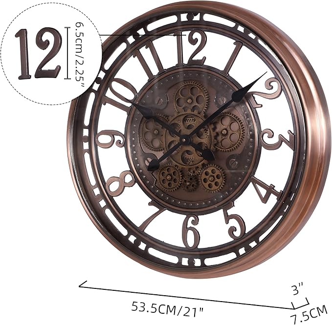 INFINITY TIME 21 Inch Moving Gears Wall Clock,Large Metal Wall Clock for Modern Farmhouse Living Room Decor,Copper Arabic Numeral,House Warming Gifts New Home