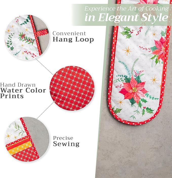 Maison d' Hermine Double Oven Mitt (7" x 35") 100% Cotton Heat Resistant BBQ Cooking Gloves with Loop for Thanksgiving Christmas Decorations Baking Cooking Handling Hot Pan (Poinsettia Christmas)
