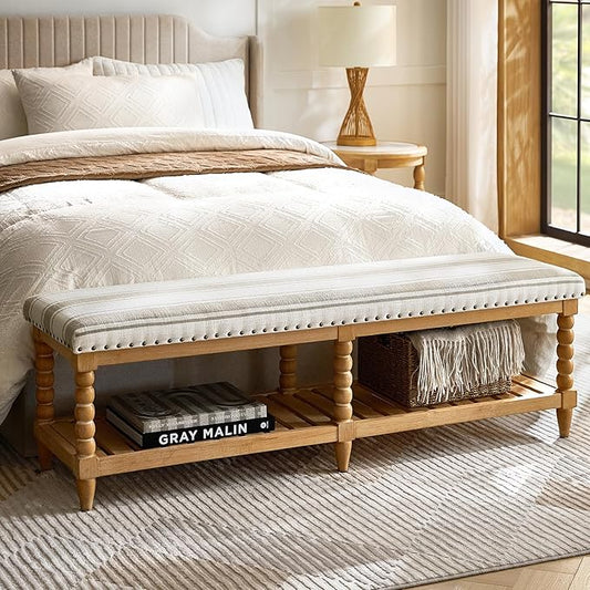 HULALA HOME Farmhouse Entryway Bench, 58" Fabric Bed Bench with Shelf, Solid Spindle Legs, Nailhead Trim Detail for Bedroom, Living Room, Hallway, TAN