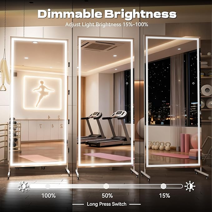 Hasipu Home Gym Mirror with Light 360° Swivel on Wheels, 79" x 32" Extra Large Full Length Rolling LED Mirror for Yoga Studio, Bedroom, Dancing Studio, White