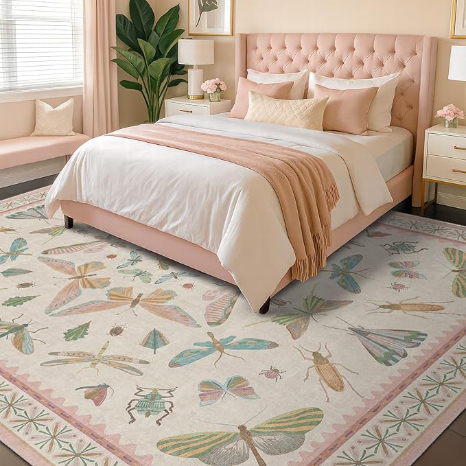 7x9 Cute Insect Rugs for Girls Bedroom - Pink and Blue Washable Floral Living Room Rugs, Dining Room Under Table, Insect Print Whimsical Indoor Décor, Low Pile & Soft