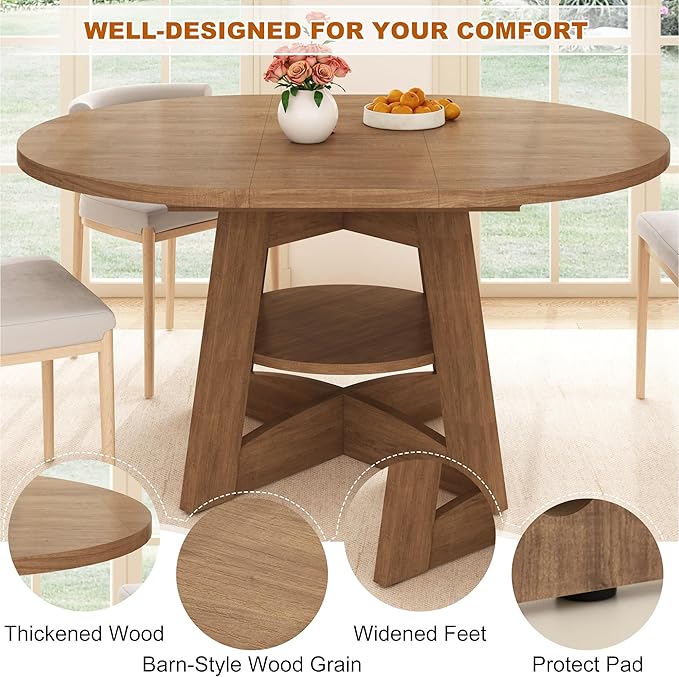 47"-63" Extendable Dining Table for 4 5 6 People,63" Farmhouse Round Extending Dining Table w/Removable Leaves Space Saving,Wooden Adjustable Tables for Kitchen Office Living Room (Brown)