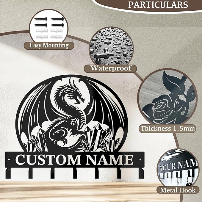 Customized Name Key Hook - Evil Dragon Design Keys Holder Decor Black Iron Metal Wall Organizer for Home & Office (Multiple Sizes) (Style A)
