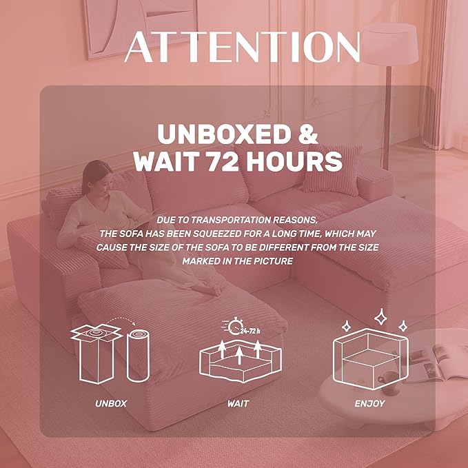107" Boneless Couch with Deep Seat, Modular Sectional Sofa, Cloud Sectional Couch for Living Room, No Assembly Required, Corduroy, U-Shape 3 Seater Right, Pink