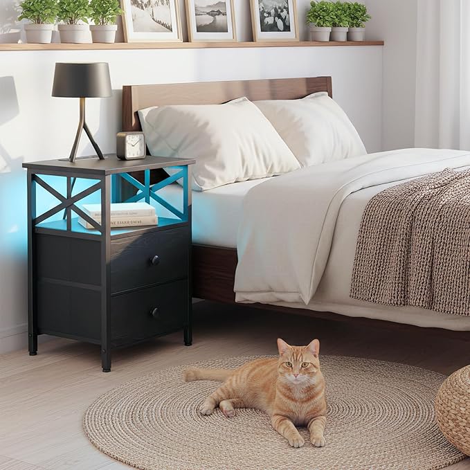 AMHANCIBLE Night Stand Set 2, LED Nightstand with Charging Station, End Tables Living Room with Fabric Drawers, Bedside Table for Bedroom, Black, HET052LBK