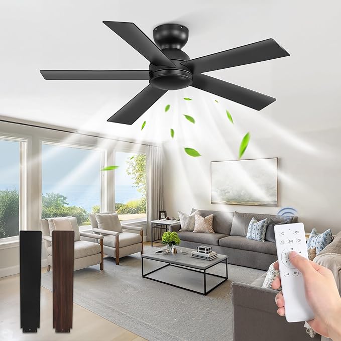 42 Inch Flush Mount Ceiling Fans without Lights, Small Black Ceiling Fan with Remote, 6-Speeds, Quiet Reversible DC Motor, Indoor/Outdoor Ceiling Fan for Patio, Living Room, Bedroom