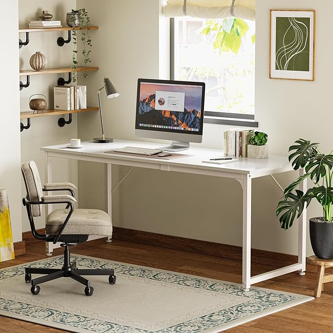 Huuger Computer Desk, 70 Inch Office Desk, Gaming Desk with Storage, Writing Desk Work Desk for Home Office, Study, Long Simple Desk, Large Legroom, Metal Frame, White