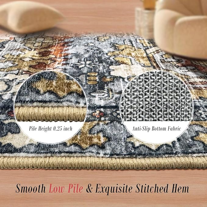 RUGSURE Washable Area Rugs - Perfect for Living Room, Bedroom, Kids Room, Nursery - Stain & Water Resistant Non-Slip, Pet & Child Friendly, Vintage Tribal Area Rugs (Turmeric and Grey, 4' x 6')