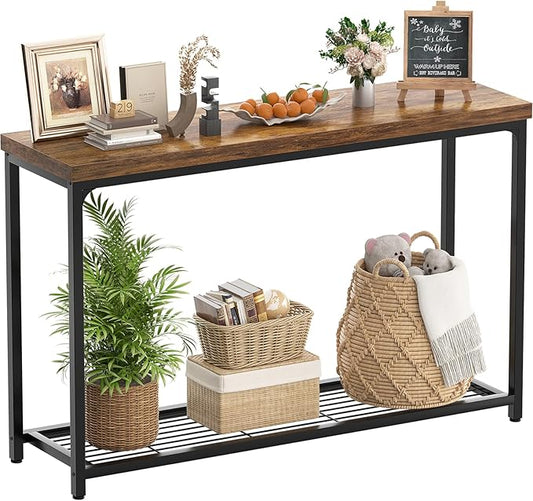Console Table for Entryway, Narrow Entryway Table with Storage, Sofa Table with Mesh Shelves, Console Tables for Living Room, Bedroom, Hallway, Foyer (2 Tier, Rustic Brown, 47 inch)