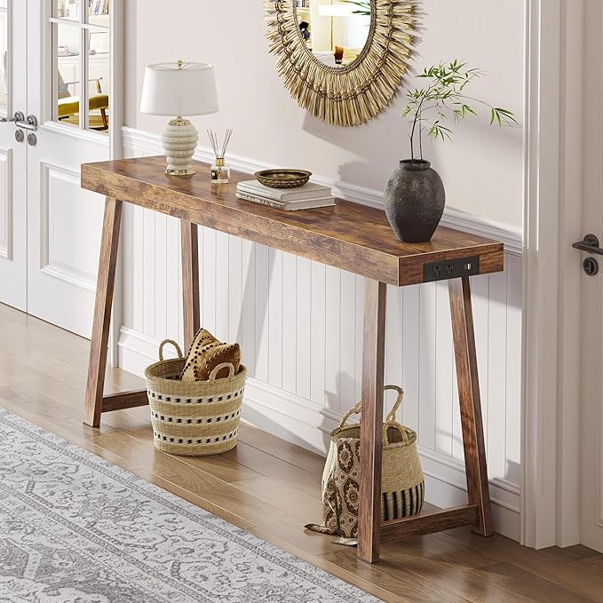 Huuger Entryway Console Table with Charging Station, USB-C Port, 53.9 Inch Sofa Table with Metal Legs, Entry Hallway Table with Thicker Desktop, Modern Behind Couch Table, Rustic Brown