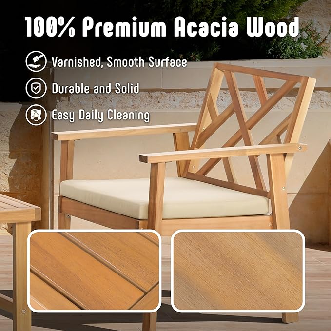 Outdoor Patio Furniture Set, 4 Piece Patio Sofa Bench and 2 Single Sofa Chairs with Table & Padded Cushions, Acacia Wood Outdoor Patio Lounge Conversation Set for Deck Backyard Balcony