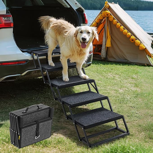 Veehoo Foldable Dog Stairs for Large Dogs, 5 Steps Folding Dog Ramp for Car Truck SUV 17" Wide, Heavy Duty Outdoor Pet Steps Ladder with Non Slip Rug Surface for Old Dogs, Support up to 200 lbs