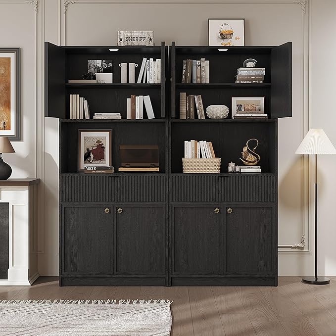 Garvee Tall Kitchen Pantry Cabinet, 70" Pantry Storage Cabinet with Countertop, Fluted Kitchen Hutch Cabinets with Doors and Drawer, Freestanding Cupboard for Dining Room, Living Room, Black