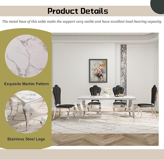 Dining Table Set for 6, 7-Piece Kitchen Table Chairs Set, Modern Dining Room Set with 70'' Marble Dinner Table and 6 Petaloid Backrest Upholstered Chairs for Kitchen, Black & Silver