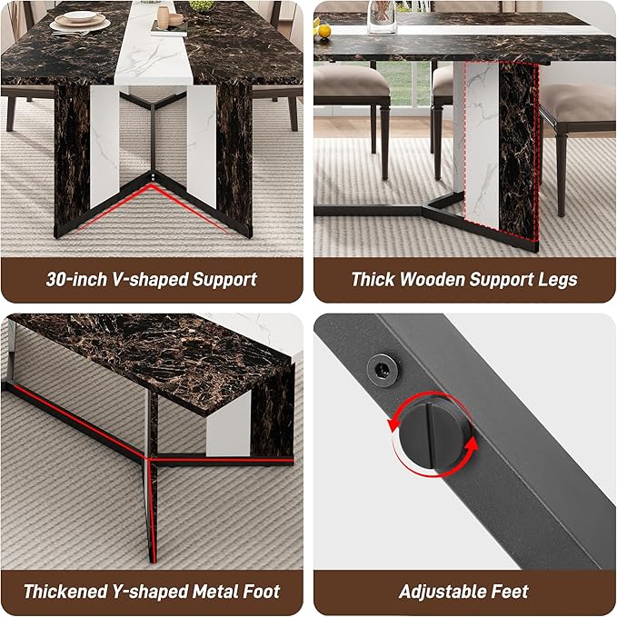 71 inch Dining Table for 4 5 6 | Modern Black Rectangular Kitchen Table W/Waterproof Wood Tabletop,Farmhouse Long Dining Room Tables W/Adjustable Legs&Wood Strip Base for Kitchen Living Room