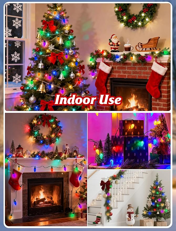 C7 LED Christmas Lights Outdoor,50 LED Multicolor C7 Christmas Light 0.07w per Diamond Bulb,26FT Xmas Lights Outdoor for House, Yard, Garden, Christmas Tree Decoration, Green Wire