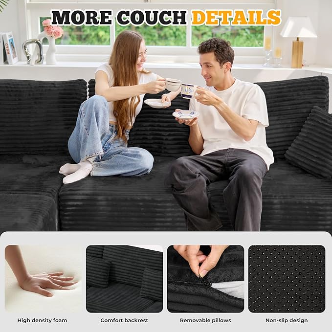 113" Modular Sectional Sofa, Convertible U-Shaped Cloud Couches for Living Room with Ottoman, 5 Seater Corduroy Boneless Couch Sofa Set, No Assembly Required, Black 1 PCS