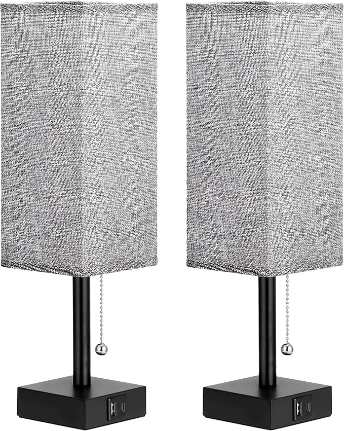 Bedside Table Lamps Set of 2 - Gray Bedroom Lamps with 3 Color Temperatures (3000K/5000K/4000K), Square Nightstand Light with USB C + A Charging Ports, Pull Chain Small Night Light