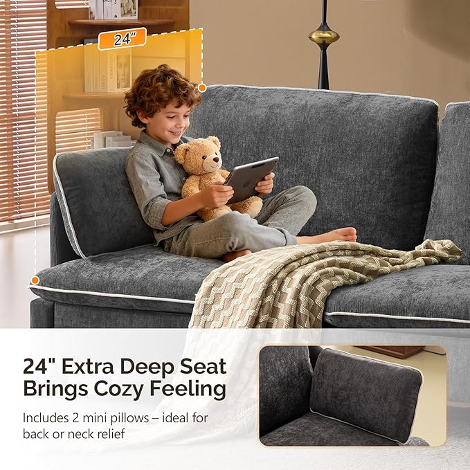 VINGLI 84" W Oversized Comfy Two Seat Love Seat, 37" Extra Deep Seat Piping Design Loveseat Couch with Two Pillows, Linen Fabric Modern Small Sofa for Small Living Room, Bedroom, Black