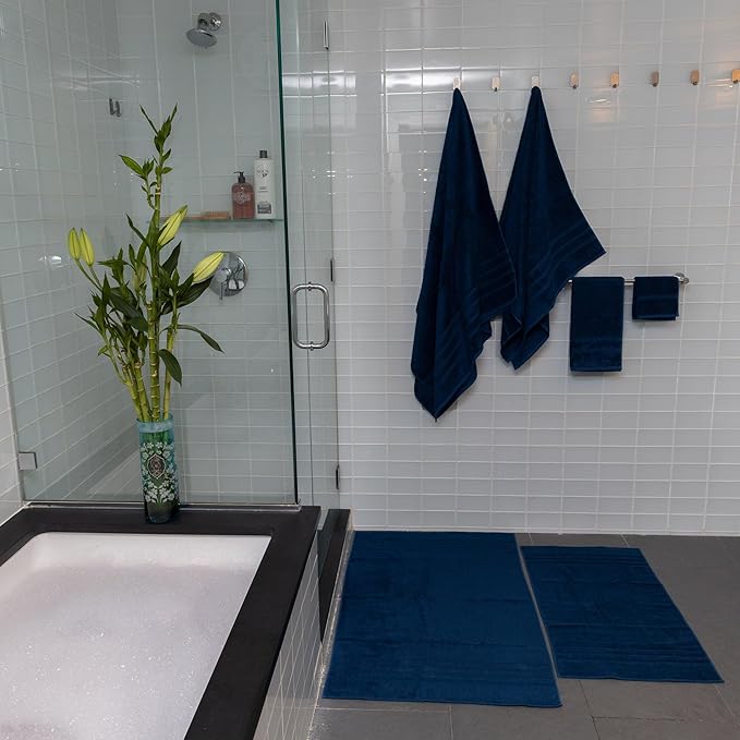 Mosobam Luxury Turkish 14pc Deluxe Bath Bundle Body Hand Face Towel and Mat Navy Blue 700 GSM & 1000 GSM Bamboo Viscose & Aegean Turkish Combed Cotton