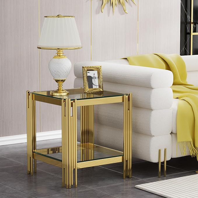 Goujxcy Modern Glass End Table - Gold Sofa Side Table With Clear Top and Mirror Finish Stainless Steel Legs, Luxury Square Coffee Bedside Table for Living Room Bedroom (Gold)