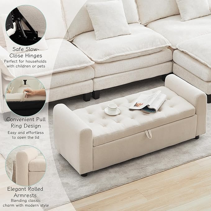Ottoman with Storage, Tufted Storage Bench for Bedroom, 48" Fabrics End of Bed Bench, Upholstered Entryway Shoe Benches with Rolled Arm & Inner Zipper, Window Ottomans Chest without Rivets, Beige