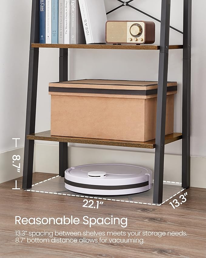 VASAGLE Ladder Shelf, 5-Tier Bookshelf, Storage Rack, Bookcase with Steel Frame, for Living Room, Home Office, Kitchen, Bedroom, Industrial Style, Rustic Brown and Ink Black ULLS45X