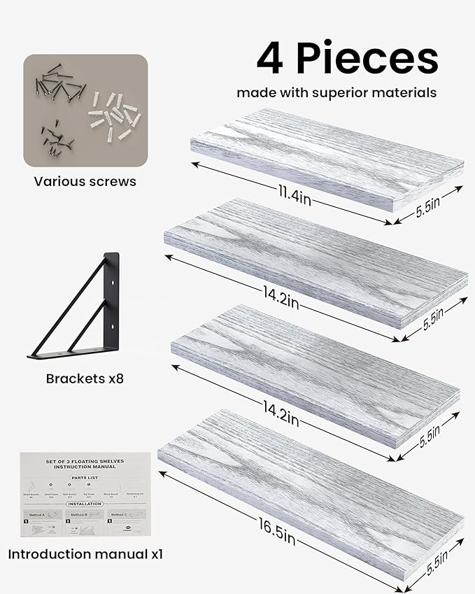 BAYKA Wall Shelves for Bedroom Decor, Floating Shelves for Living Room Kitchen Storage, Wall Mounted Rustic Wood Floating Shelves for Kids Books, Corner Shelf for Bathroom(Gray White，Set of 4)