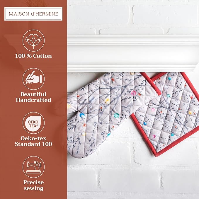 Maison d' Hermine 100% Cotton Oven Mitt & Pot Holder Set (7.5"x13" & 8"x8") Heat Resistant BBQ Cooking Gloves with Loop for Thanksgiving Christmas Decorations Handling Hot Pans (Fairy Christmas)