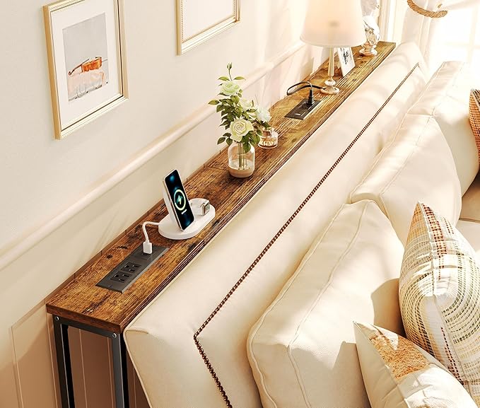 SUPERJARE 78.8 inch Narrow Console Table with Outlet, Sofa Tables, Behind Couch Table, Long Entryway Tables with Charging Station, for Living Room, Rustic Brown