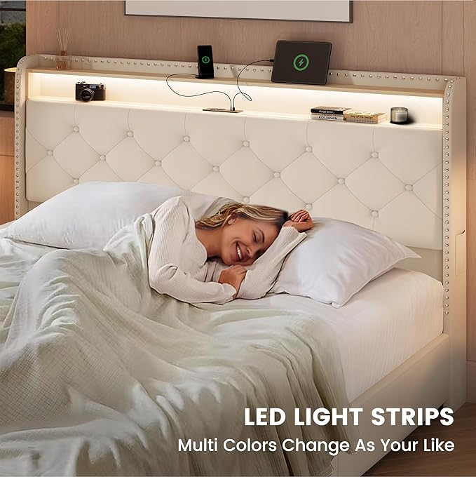 LARMACE Bed Frame King Size Platform Upholstered Bed Frame with 4 Storage Drawers Modern Velvet Tufed with Headboard USB Charging Station&Led Lights,No Box Spring Needed, Easy Assembly, Beige